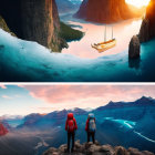 Scenic images of boat on serene lake and hikers on mountain at sunrise