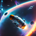 Colorful Space Illustration: Spacecraft Orbiting Glowing Planet
