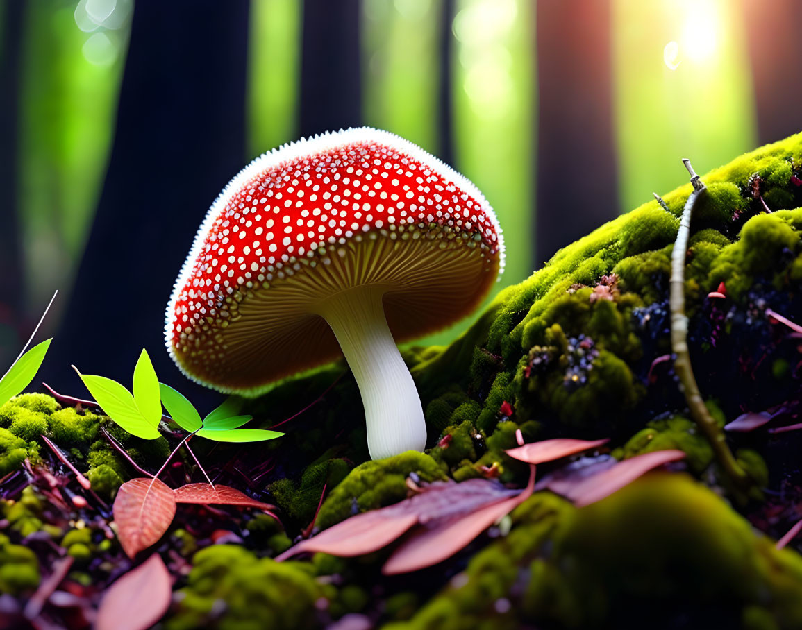 Vibrant red toadstool mushroom in mossy forest setting
