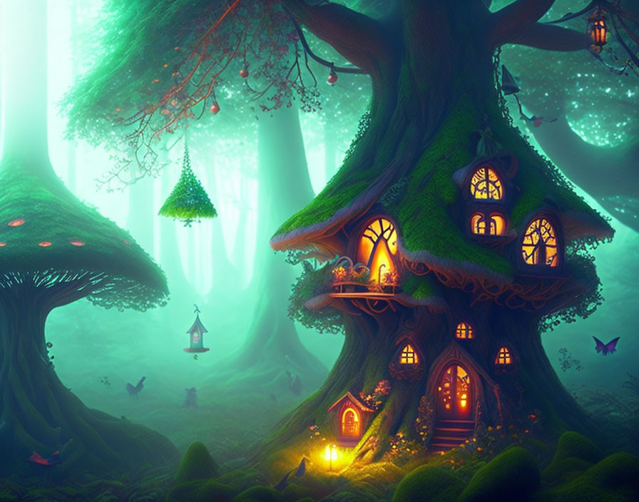 Whimsical enchanted forest with glowing treehouses, mushrooms, butterflies, and lanterns