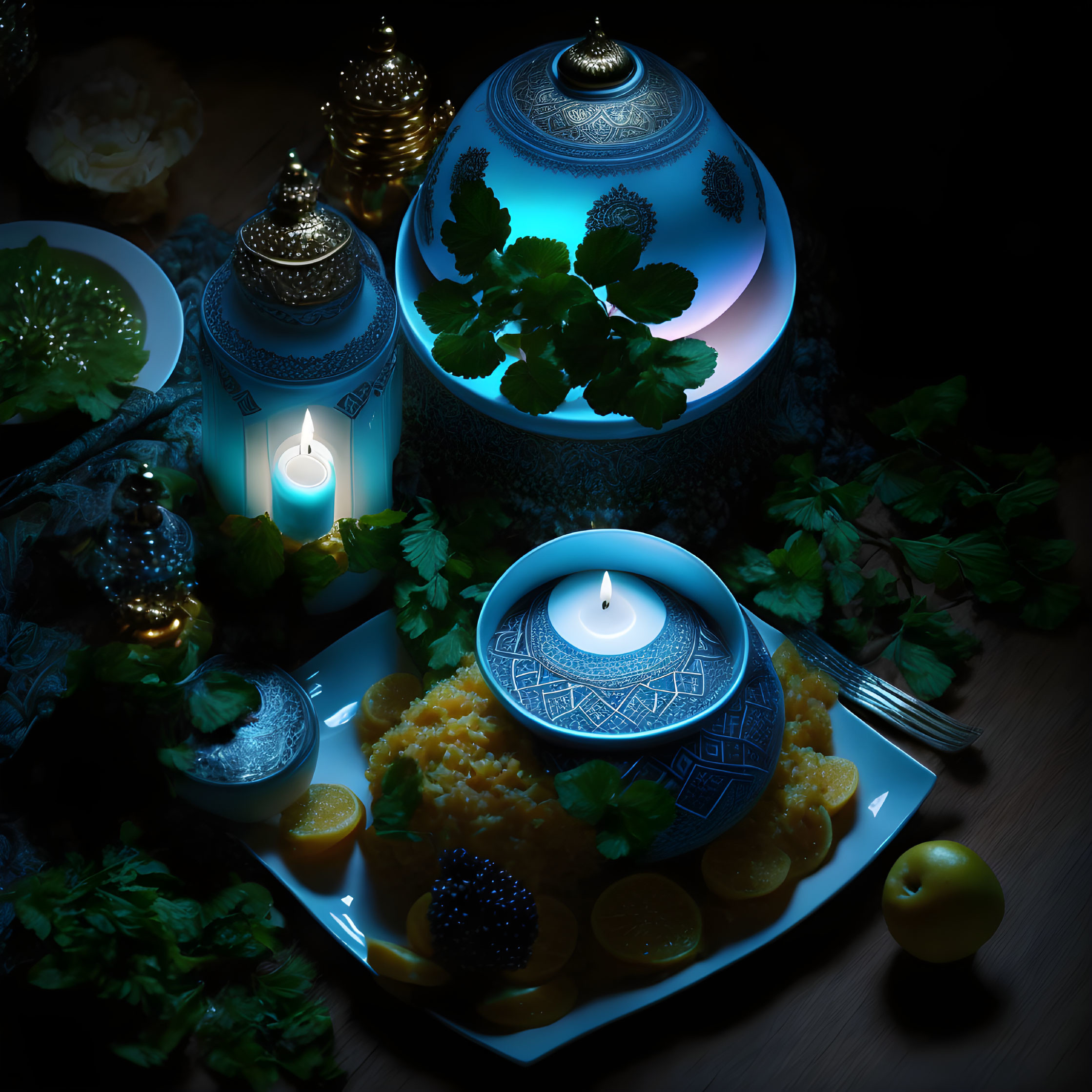 Traditional tagine, candles, plates, and citrus fruits in dimly lit setting