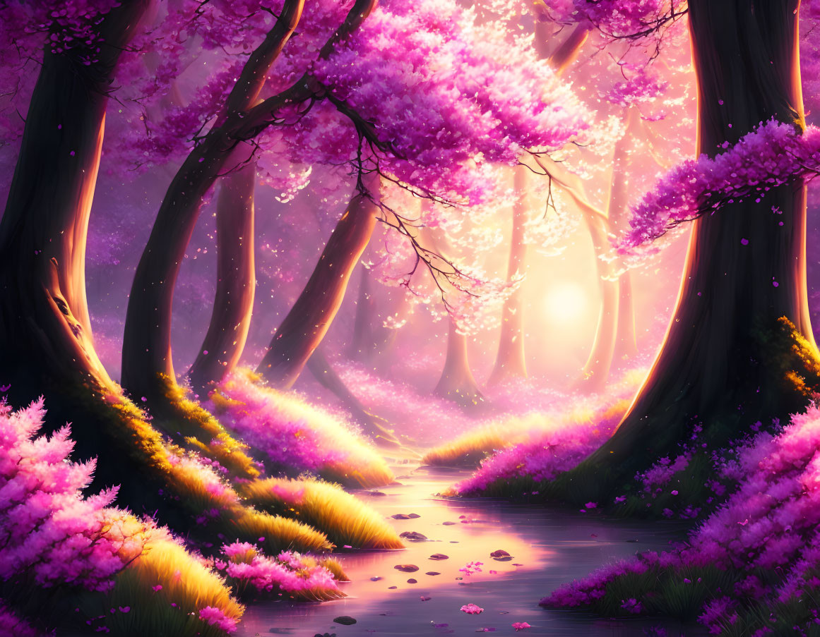 Vibrant Pink and Purple Foliage in Sunlit Forest