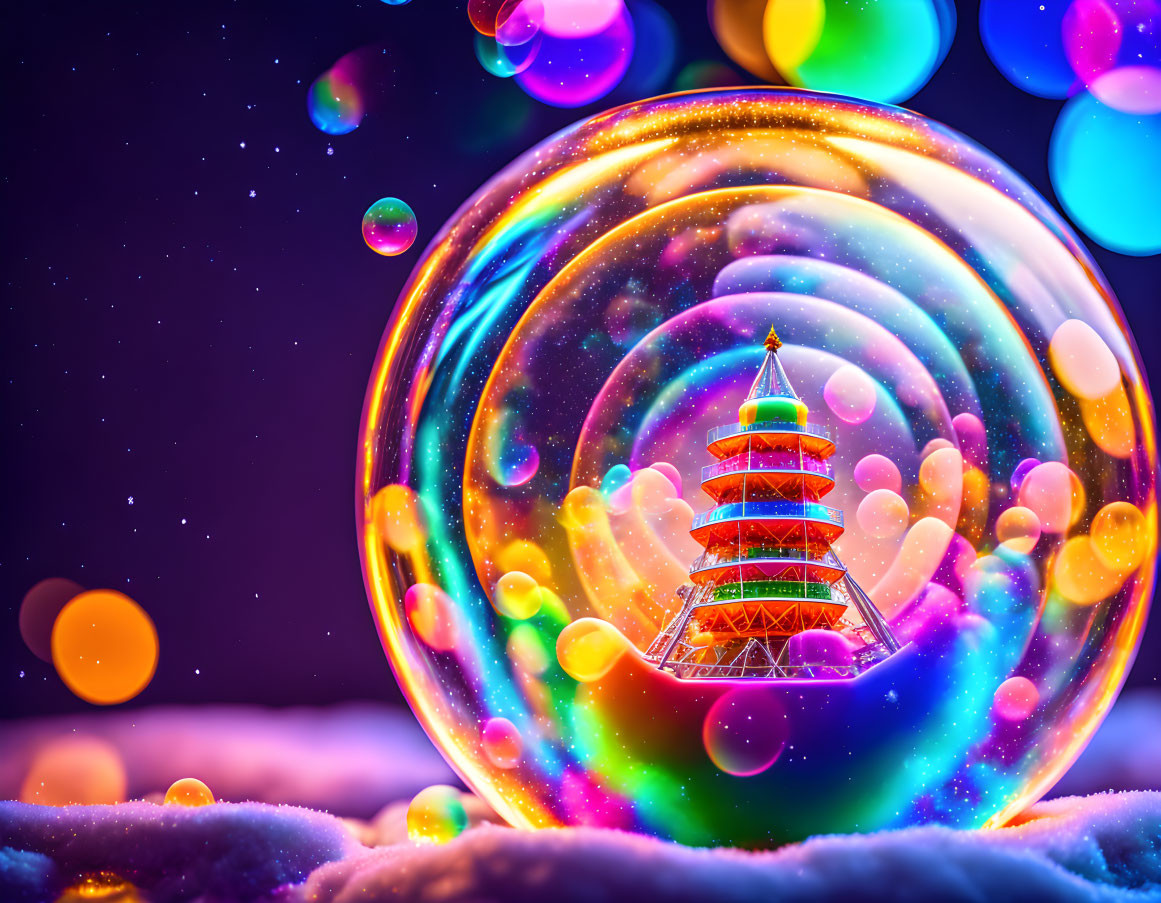 Miniature tower in colorful bubble on snowy surface under starry sky