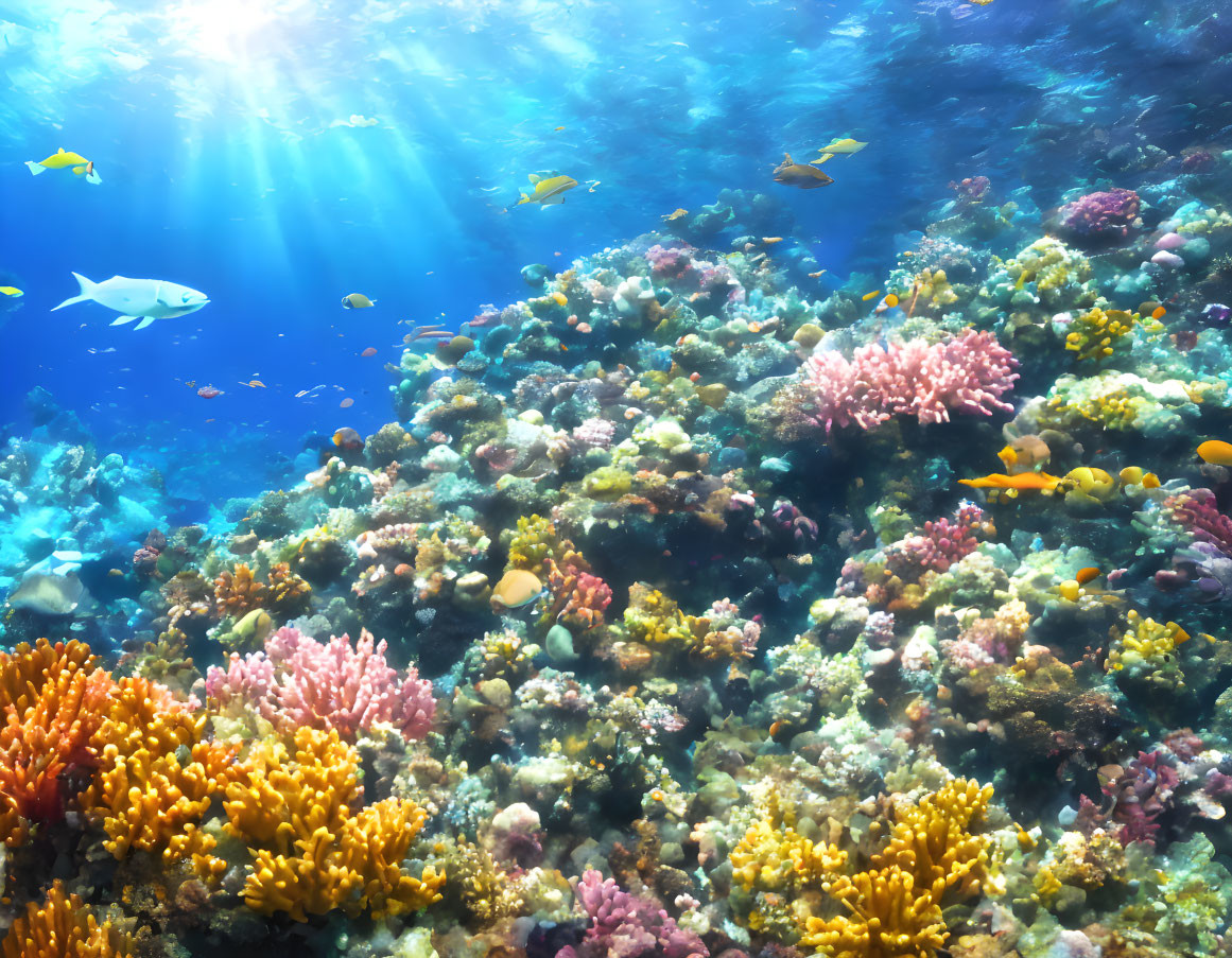Colorful Coral Reef Teeming with Fish in Sunlit Underwater Scene