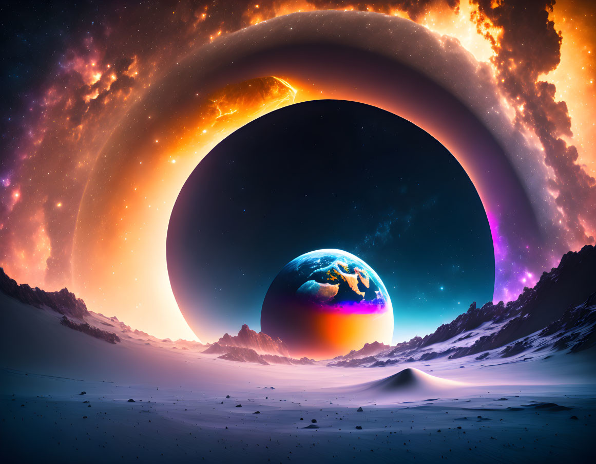 Snow-covered surreal landscape with celestial bodies and large planet.
