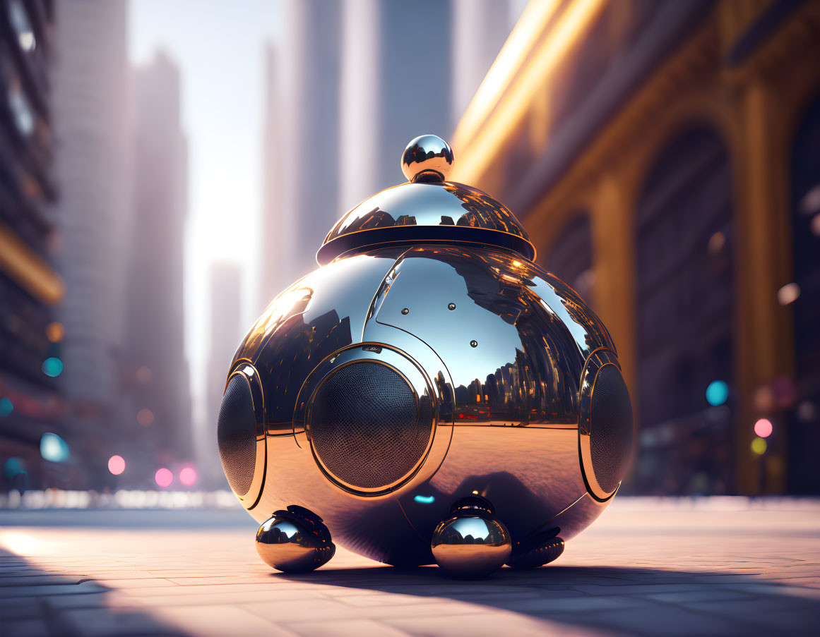 Futuristic robotic sphere reflecting urban environment on city sidewalk