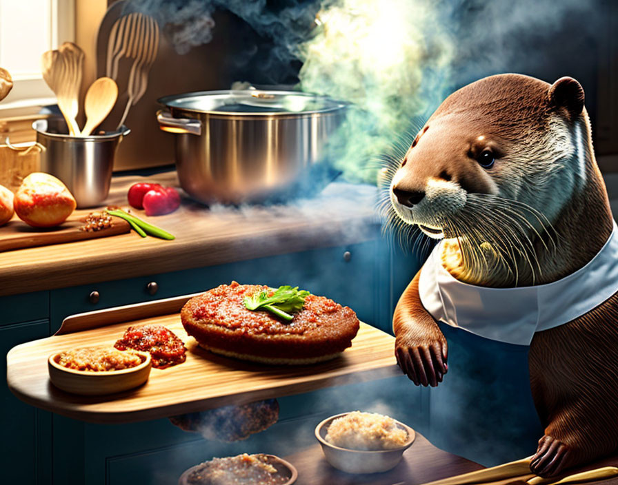 otter chef cooking in the kitchen
