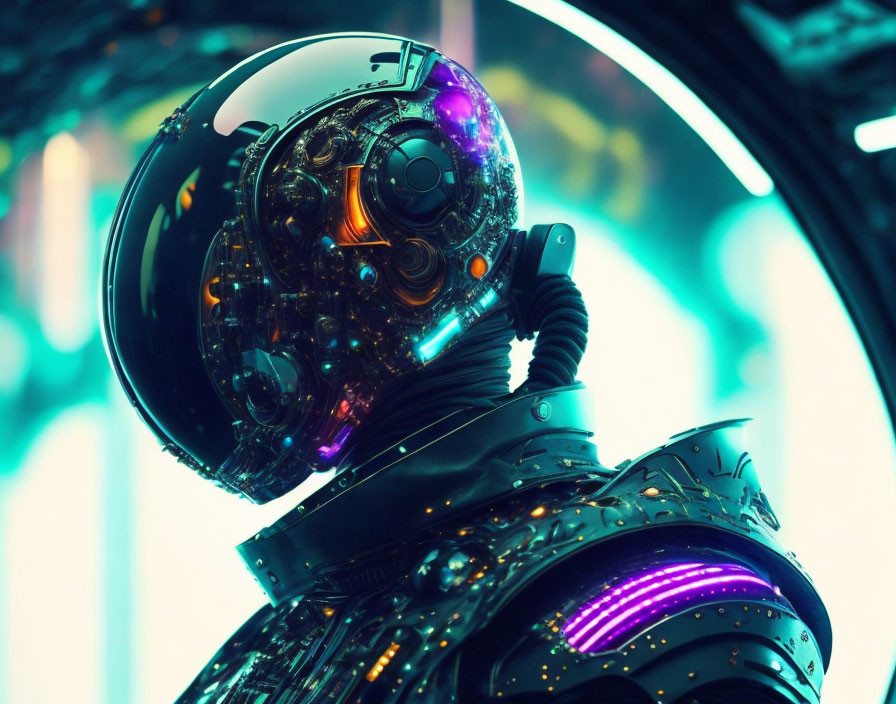 Detailed Black Reflective Helmet & Neon Purple Armor on Futuristic Robot
