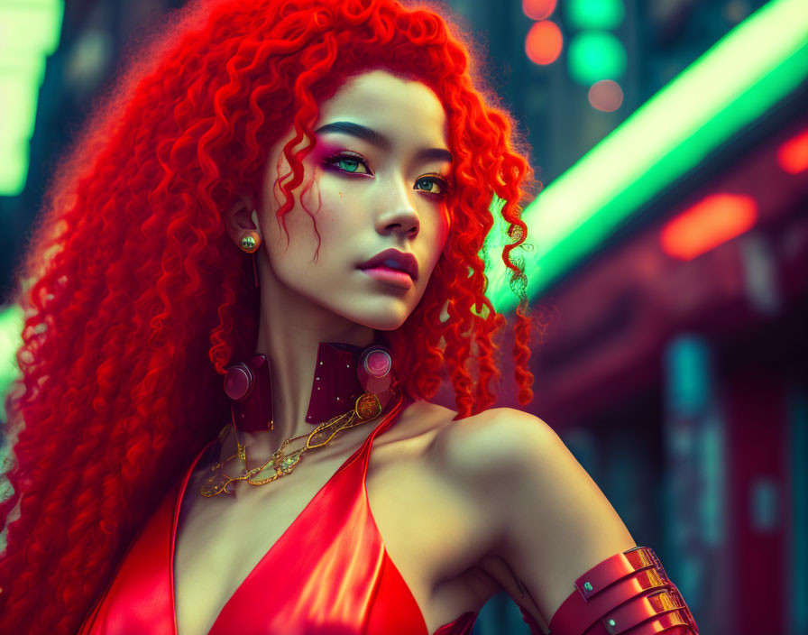 Vibrant red-haired woman in neon-lit urban scene with green eyes and striking makeup