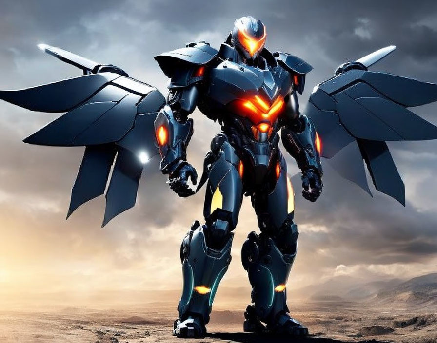 Blue-armored robot with glowing orange lights and massive wings under cloudy sky
