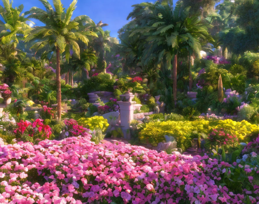 Colorful Garden with Flowers, Greenery, Palm Trees, and Stone Structures