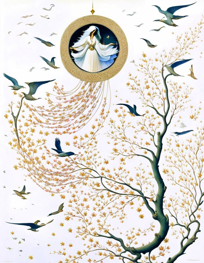 Surreal artwork of woman in circular frame with birds, tree, and cascading flowers