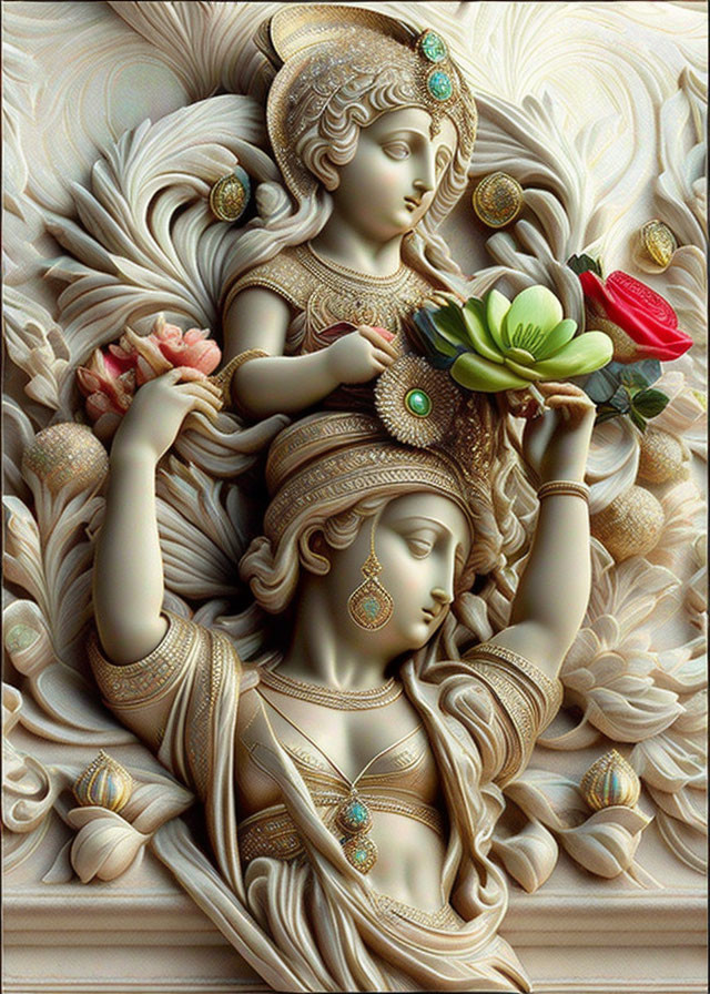 Intricately carved sculpture of woman in traditional attire with lotus and floral elements