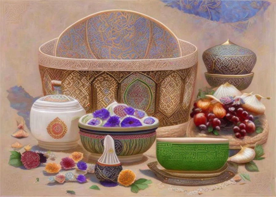 Intricate still life with decorative bowls, flowers, garlic, onions, grapes