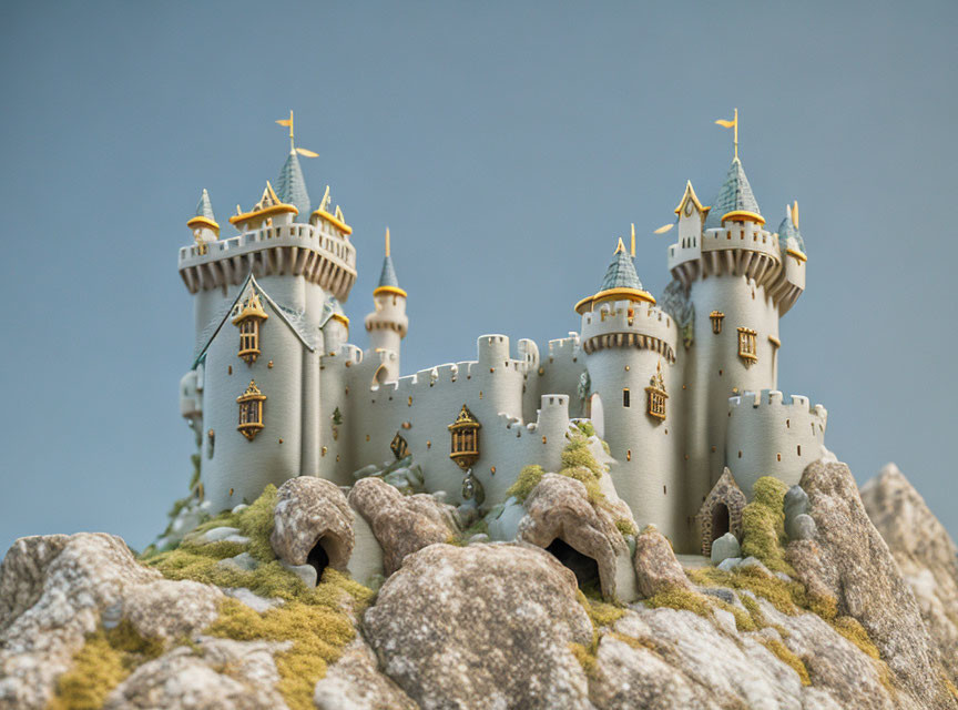 Miniature fairy-tale castle with golden towers on rugged hill