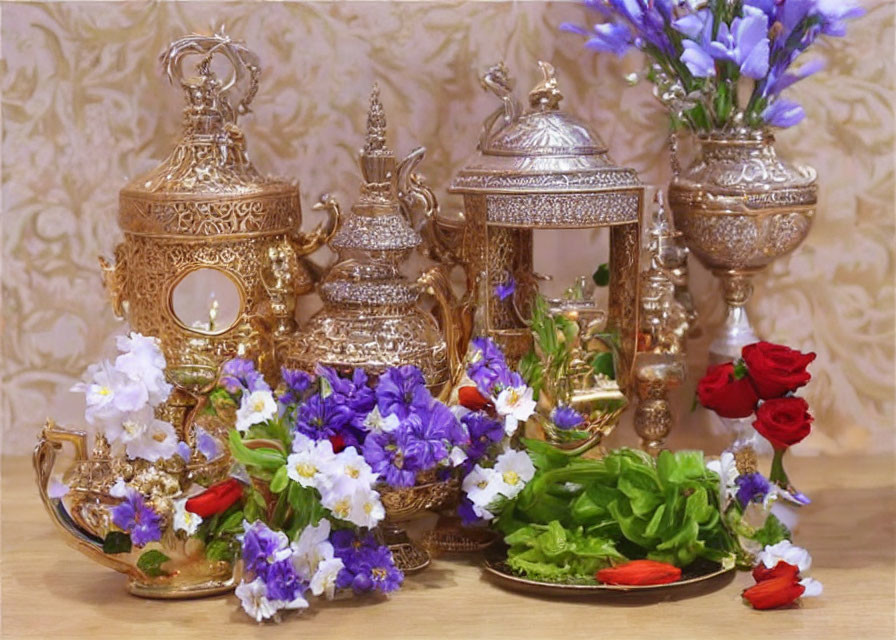Golden and Silver Ornate Tea Set with Colorful Flower Arrangement