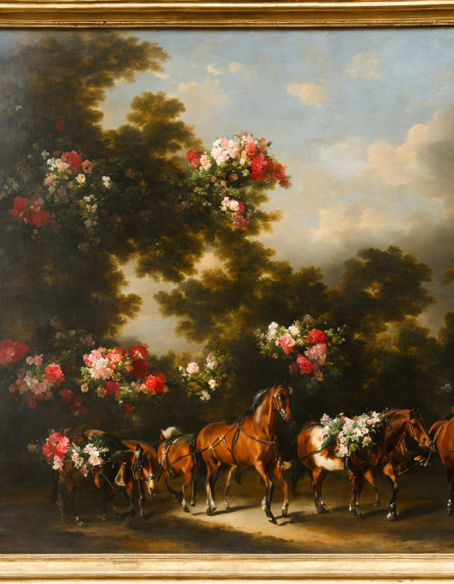 Serene oil painting of brown horses with pink floral garlands under a blooming tree