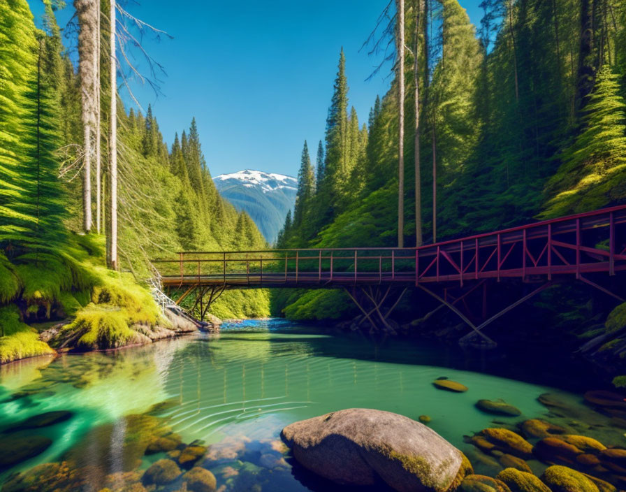 Tranquil forest landscape with river, red bridge, trees, and snowy mountain