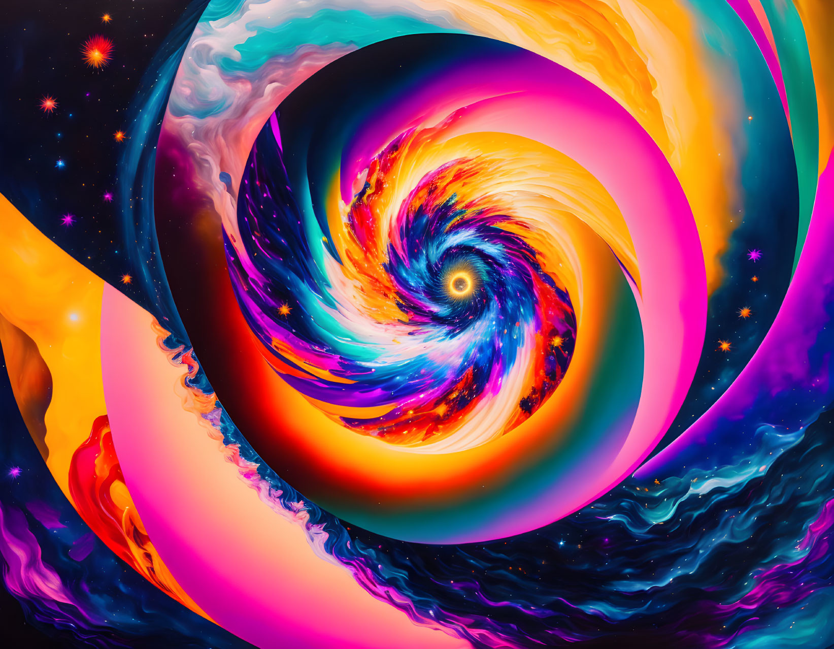 Colorful Abstract Digital Artwork: Swirling Cosmic Vortex in Neon Hues