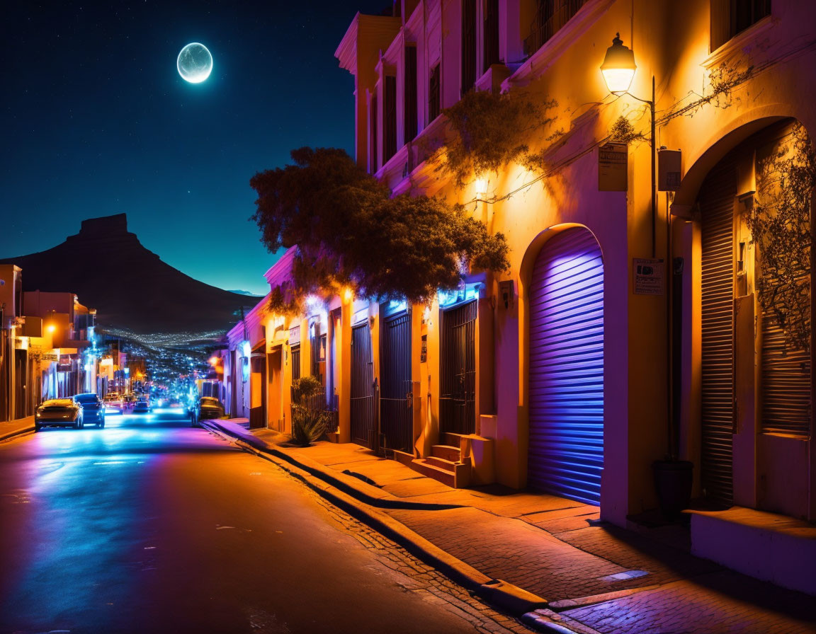 Vibrant night street scene with crescent moon and city lights