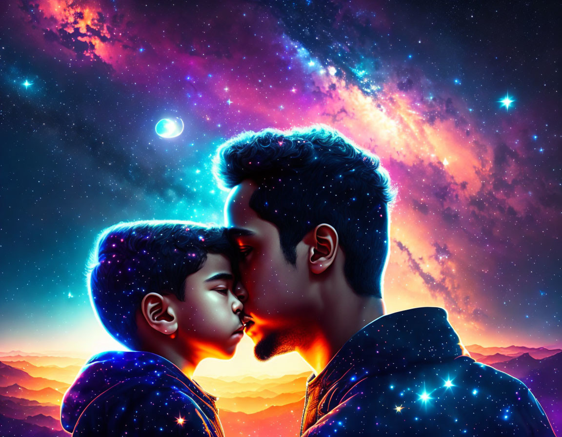 Father and son in cosmic setting with nebula and stars in tender moment