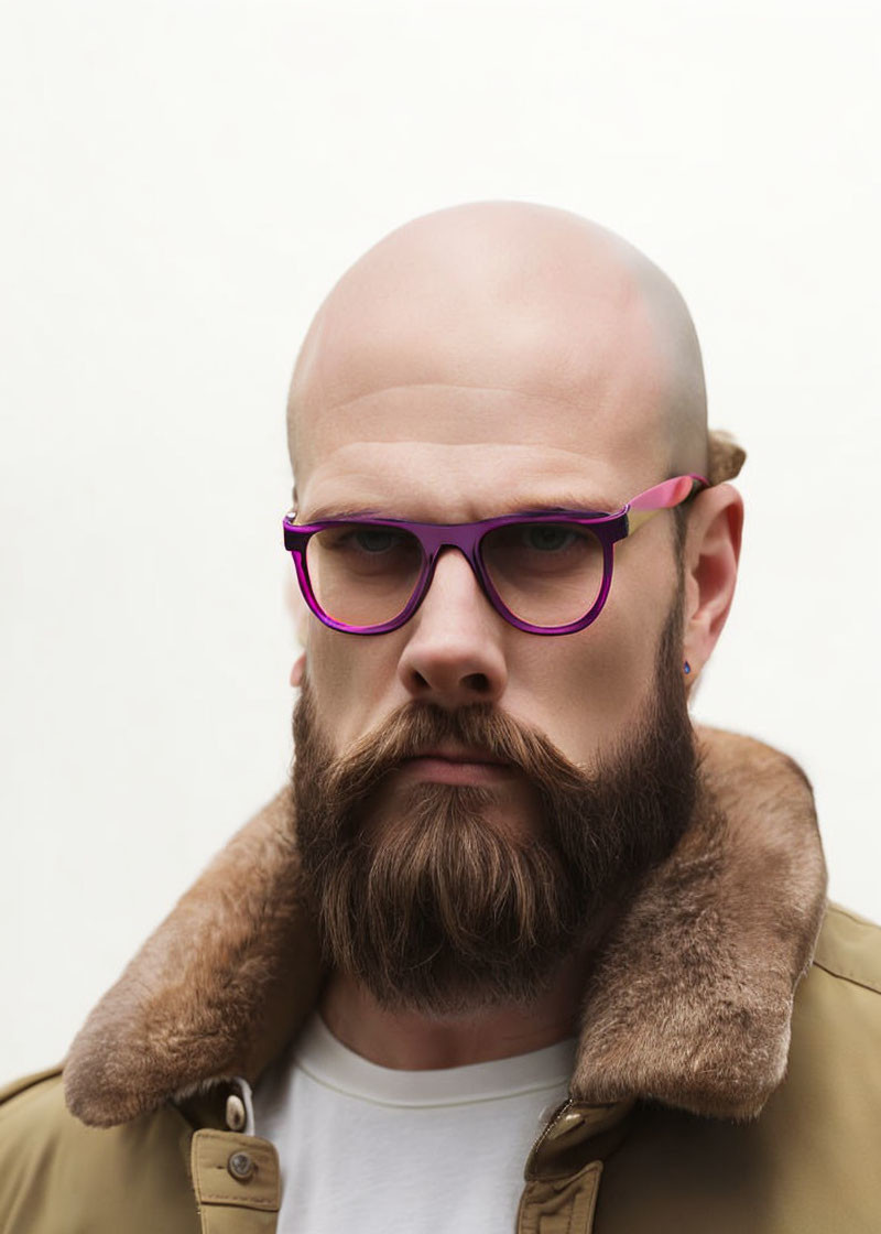 Bald-Headed Man with Pink Glasses,Beard & Mustache