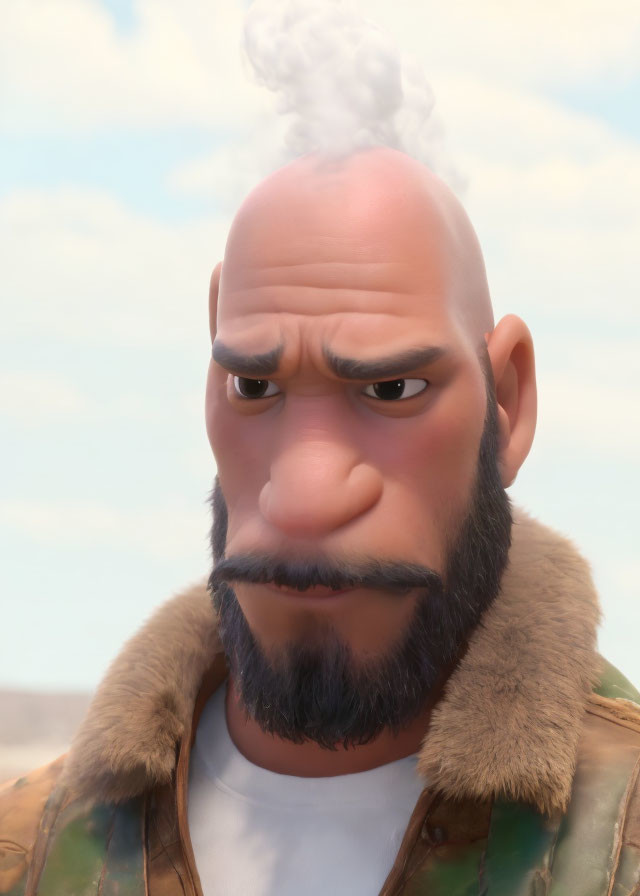 Stern 3D animated character in pilot's jacket with thought bubble smoke