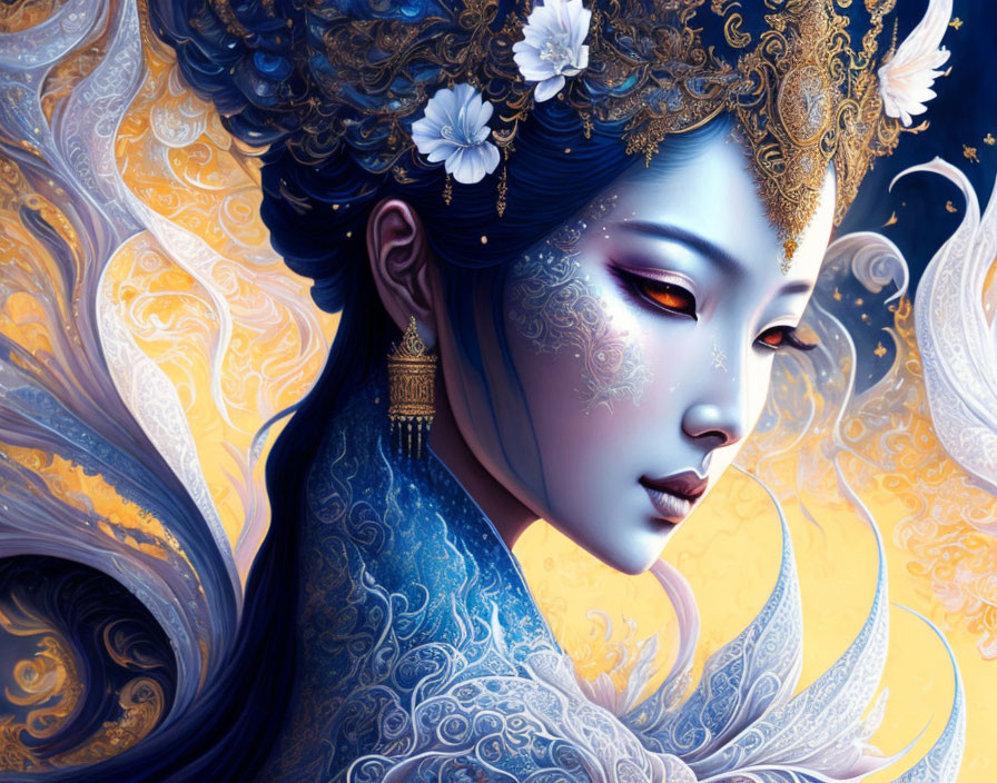 Ethereal woman with gold headdress and ornate blue attire
