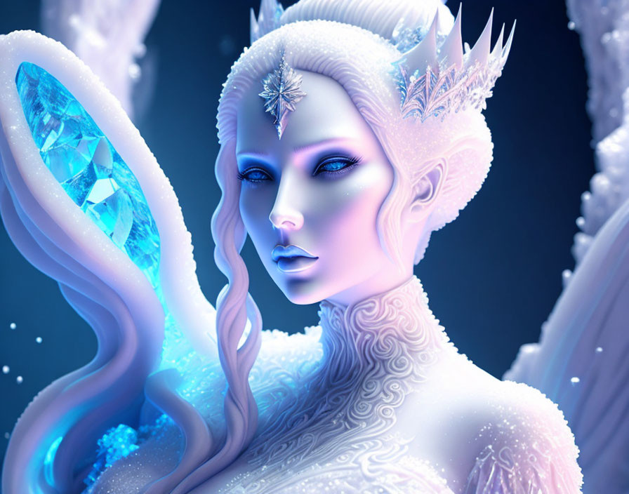 Fantasy ice queen with crystalline features and blue gemstone in wintry setting