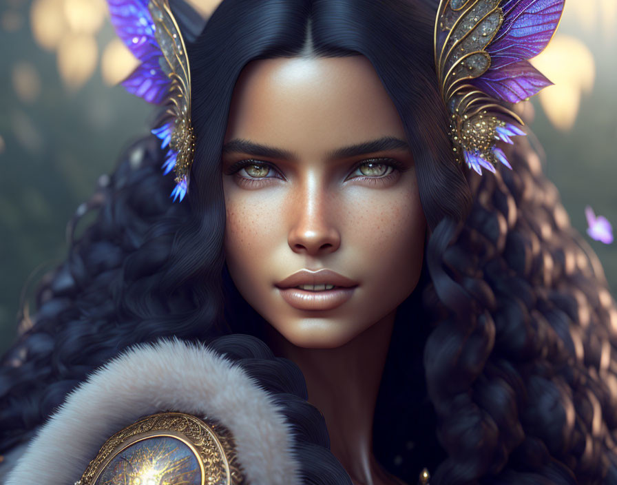 Digital portrait of a woman with dark hair, freckles, elf-like ears, purple accents,