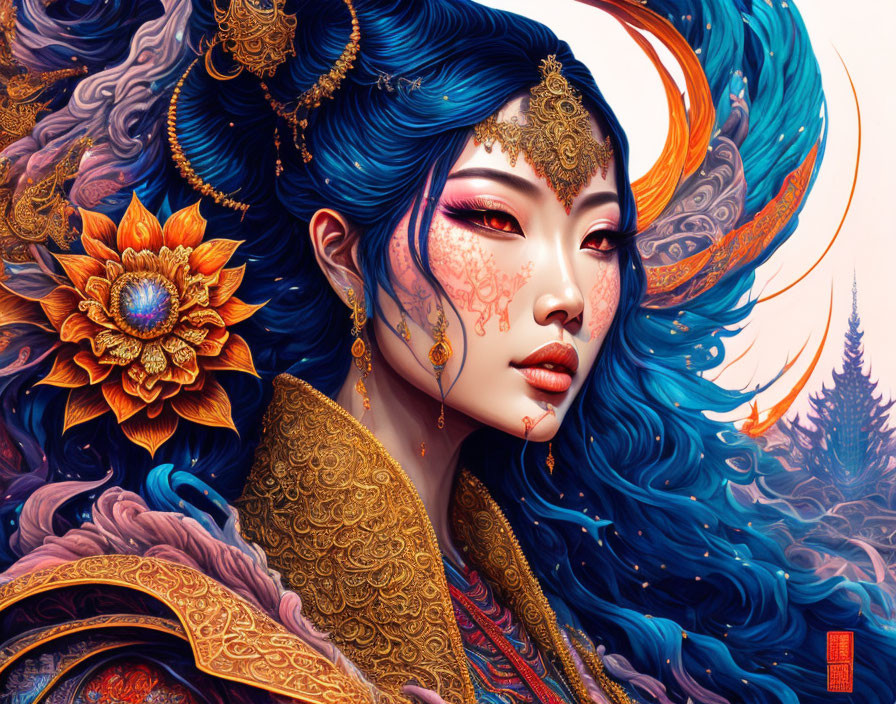 Digital Artwork: Woman with Blue Hair and Golden Garments, Orange Flower, Pine Tree Background