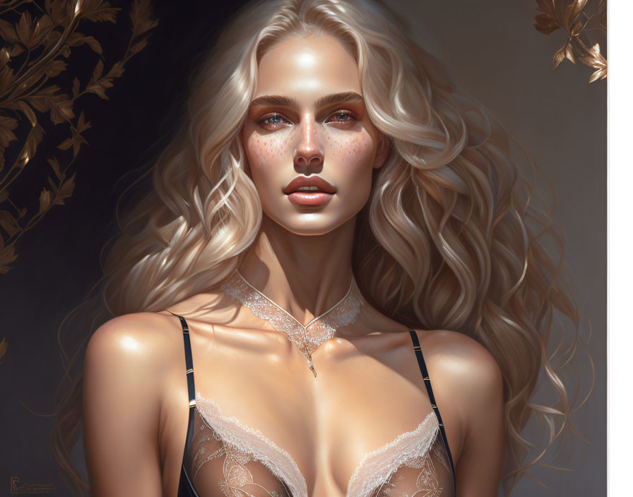 Blonde woman in lace lingerie with gold leaf accents