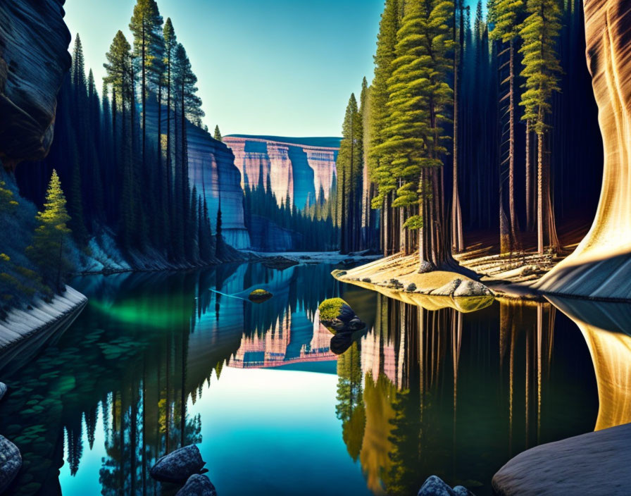 Tranquil lake mirroring steep cliffs and tall pine trees