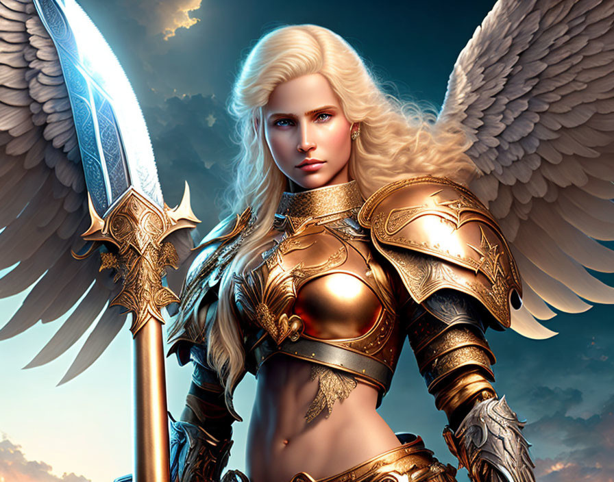 Female angel illustration with white wings and golden armor on cloud-filled sky.