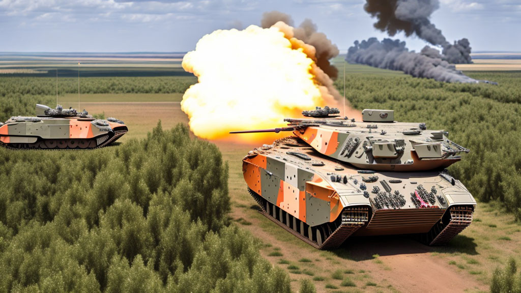 Futuristic tanks with urban camouflage firing in a field