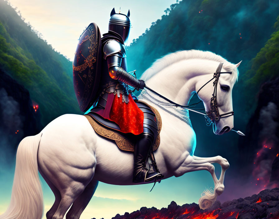 Knight on White Horse with Shield in Volcanic Landscape