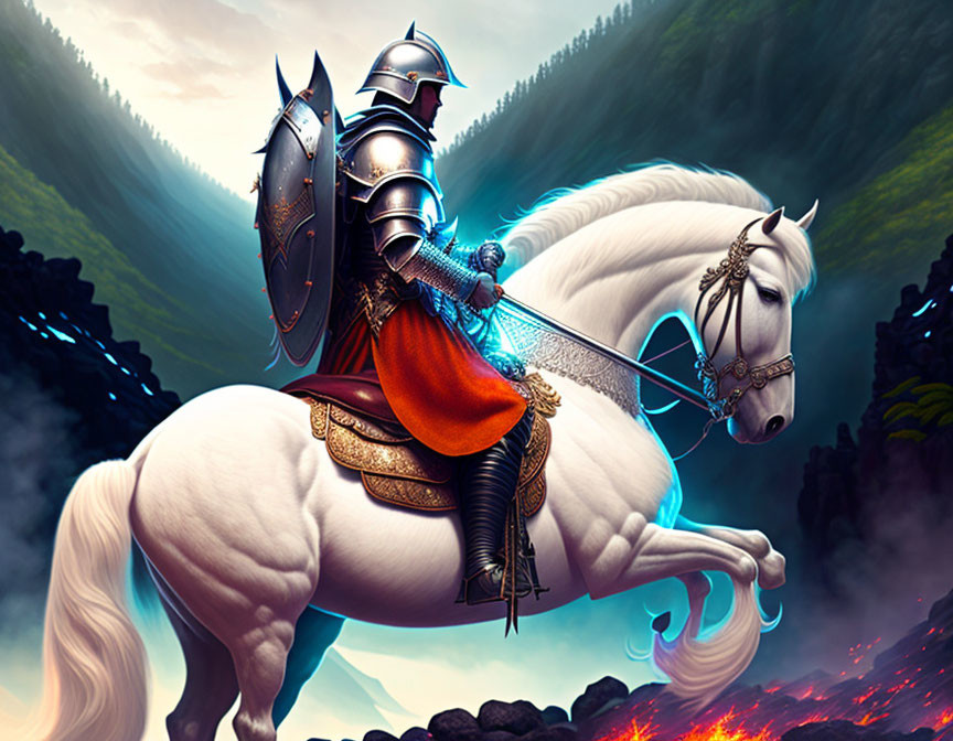 Knight on White Horse with Sword in Mountain Landscape