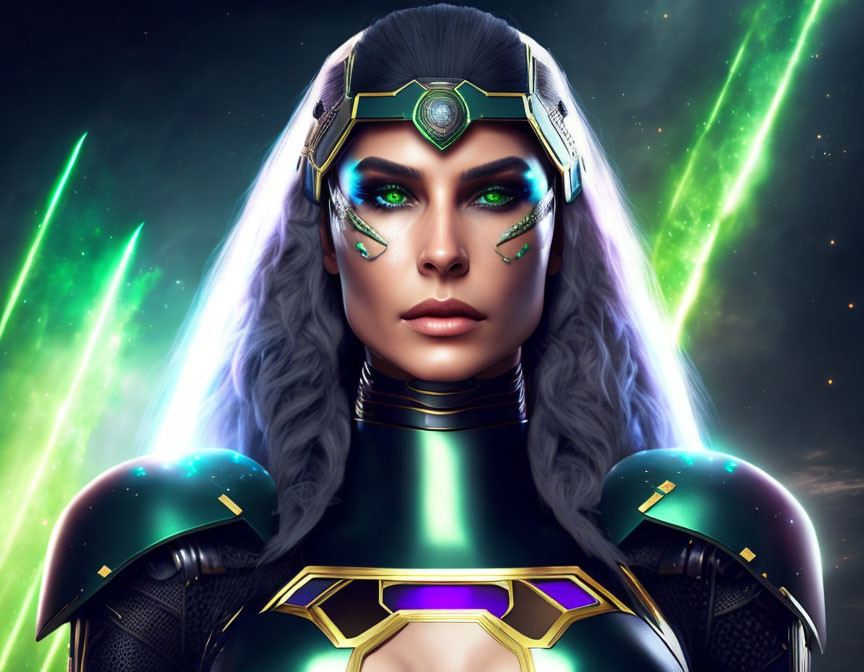 Digital art portrait of woman in futuristic armor with green eyes and glowing lights