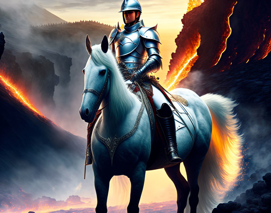 Knight on White Horse Amid Volcanic Landscape