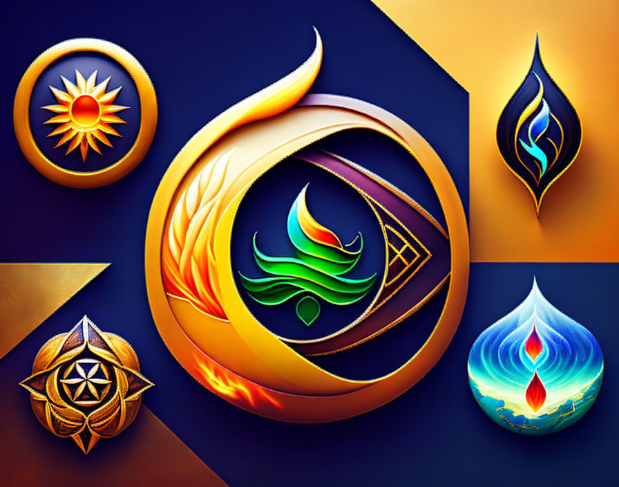 Colorful stylized metallic and fiery icons on blue and gold background.
