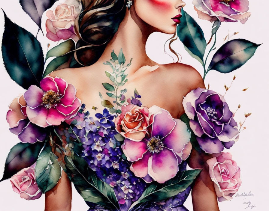 Colorful Watercolor Illustration of Woman with Flower Bouquet
