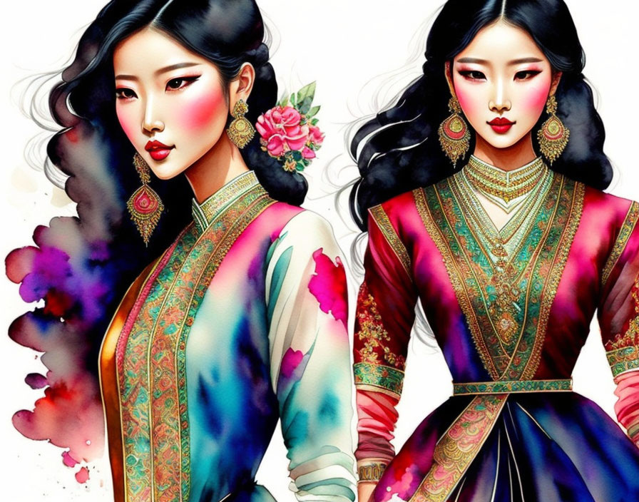 Illustrated Women in Colorful Traditional Attire and Ornate Jewelry