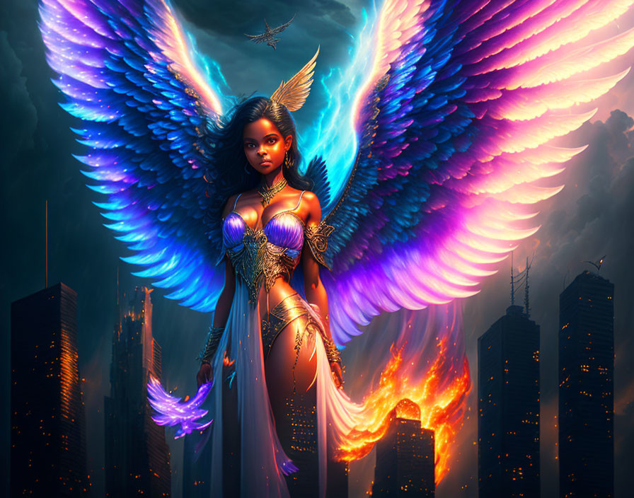 Fantastical female figure with fiery and ice-themed wings holding a blue flame above stormy cityscape