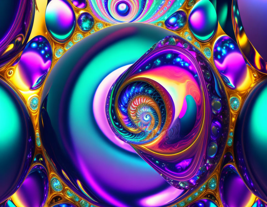 Colorful Abstract Fractal Art: Blue, Purple, Gold Swirls