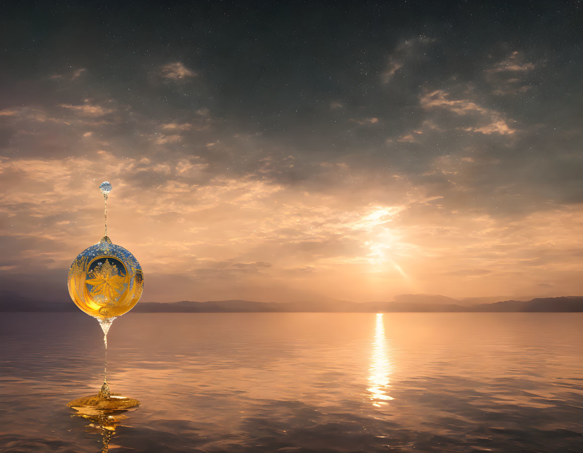 Golden hourglass floating above calm waters at sunset with stars in cloudy sky