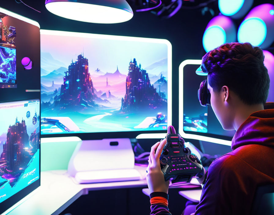 Gamer playing video game with neon-lit sci-fi monitors
