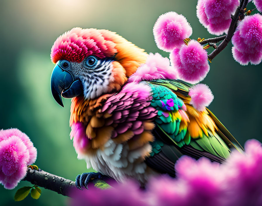Colorful Parrot Perched on Branch with Pink Blossoms