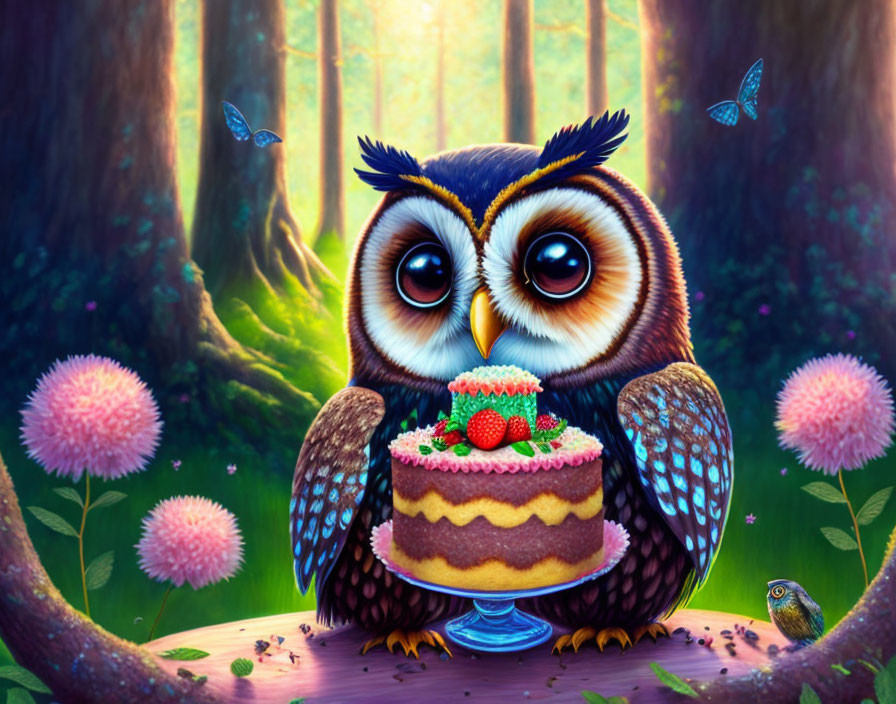Whimsical forest scene with cute owl and strawberry cake