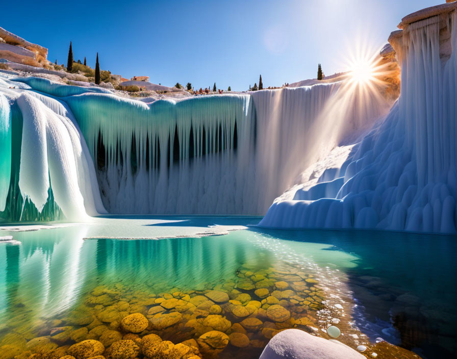 Frozen waterfall with icicles under clear blue skies and crystal-clear water.
