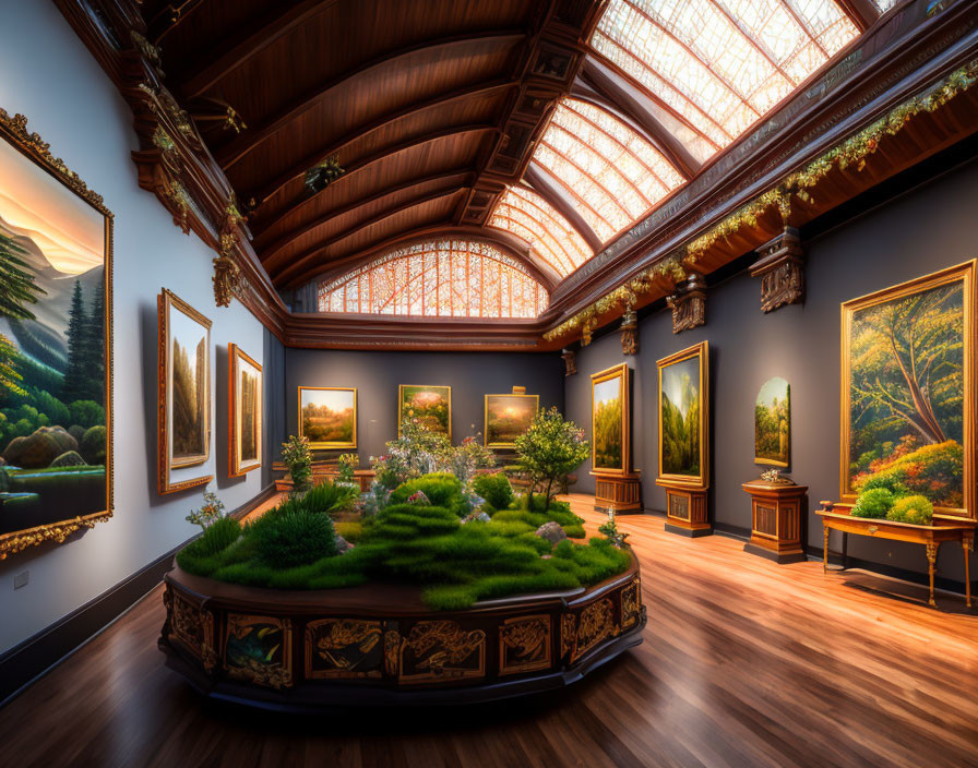 Gallery Room with Lush Landscape Paintings and Glass Ceiling Display